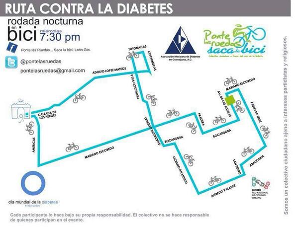 pontelasruedas's tweet image. La ruta de hoy. No olvides que es conmemorativa al día de la lucha contra la diabetes, lleva playera blanza o azúl..