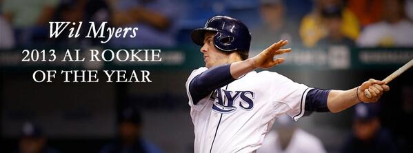 RaysBaseball's tweet photo. OFFICIAL: BBWAA names @wilmyers 2013 Jackie Robinson AL Rookie of the Year! Wil led AL rookies with 53 RBI. http://t.co/JomFbxMqPJ