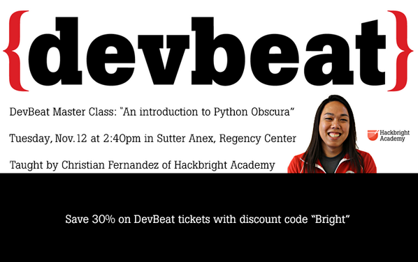 Hackbright's tweet photo. You can find @Hackbright co-founder @chriszf teaching a Python class at #DevBeat tomorrow! http://t.co/IjVeixZiYa http://t.co/zi9tRCxvCT