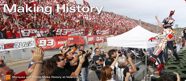 HondaMotoCA's tweet photo. Honda Rider, Marc Marquez becomes youngest MotoGP king. #GoHondaGo http://t.co/4wNvmGhtru
