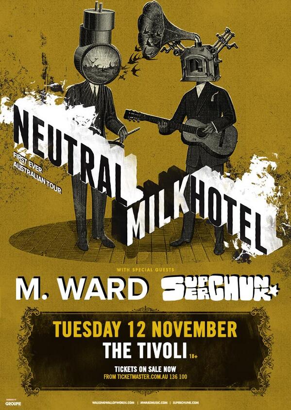 soundwavetours's tweet photo. TONIGHT!  Be part of the historic NEUTRAL MILK HOTEL show in Brisbane! The Tivoli from 6.30pm w/ M.Ward &amp; Superchunk http://t.co/VU2OGnSXvv