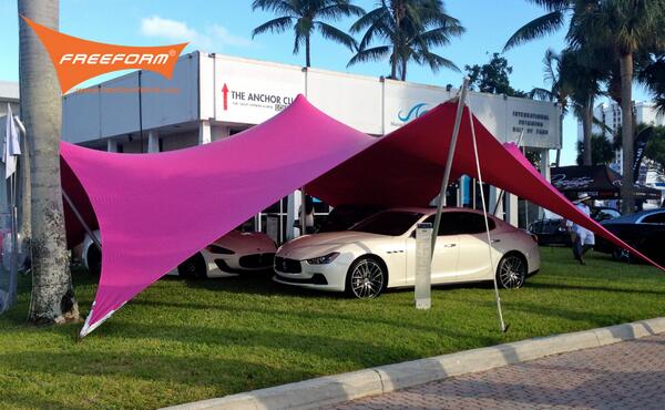 FreeformTents's tweet photo. Our pink Manta covered the @Maserati_HQ with vibrant effect at the recent @boatshowupdates #FLIBS. http://t.co/FjGMn3NdP5