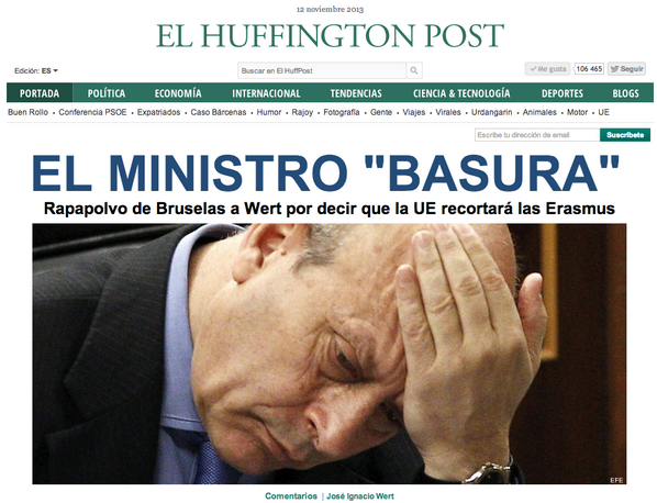 ElHuffPost's tweet photo. Bruselas está hasta el gorro de Wert http://t.co/ioyrjLRcco En portada http://t.co/j3yhnEjTj6