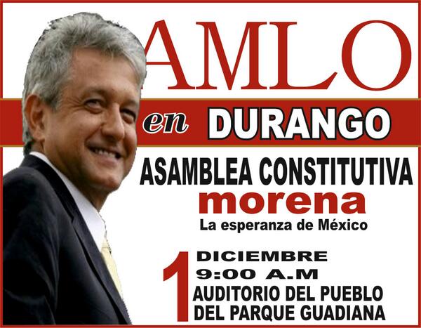 morena_durango's tweet photo. El día se acerca, AMLO en Durango 1 DIC @lopezobrador_  @LuisaAlcalde @heber_noti121ed @veronicaTV10 #morena #Durango http://t.co/HH9C6PDS0a
