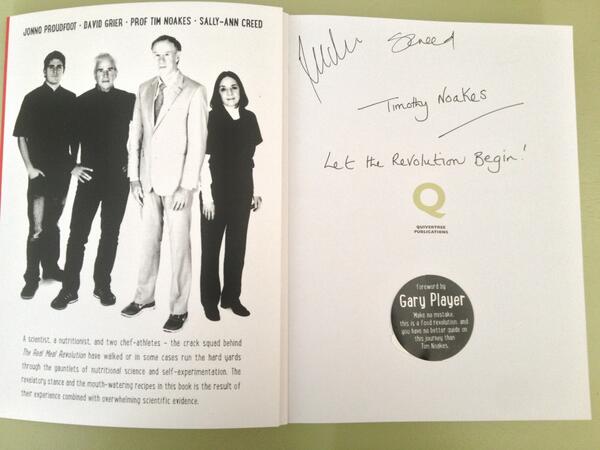 ProfTimNoakes's tweet photo. First signed copy of Real Meal Revolution. Thanks @garyplayer for supporting the revolution. Good food plus science http://t.co/0lQVvydw04