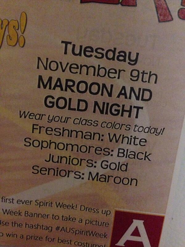 AUSpiritWeek's tweet image. Today is class colors day! Wear your class color in anticipation for tonight's Maroon and Gold !