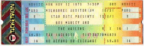 bobmarley's tweet photo. #TodayInBobsLife (11/12/1979): Bob plays the Milwaukee Auditorium in Wisconsin. Here's a ticket from the show! http://t.co/xrABNt7SHJ