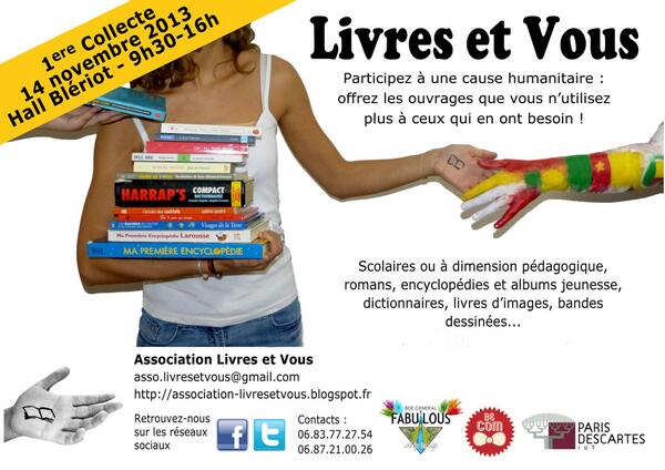 LivresetVous's tweet photo. Nous vous rappelons la date de notre 1ere collecte : le 14 novembre de 9h30 à 16h à @IutParis dans le hall blériot ! http://t.co/hZ1mDeX2nH
