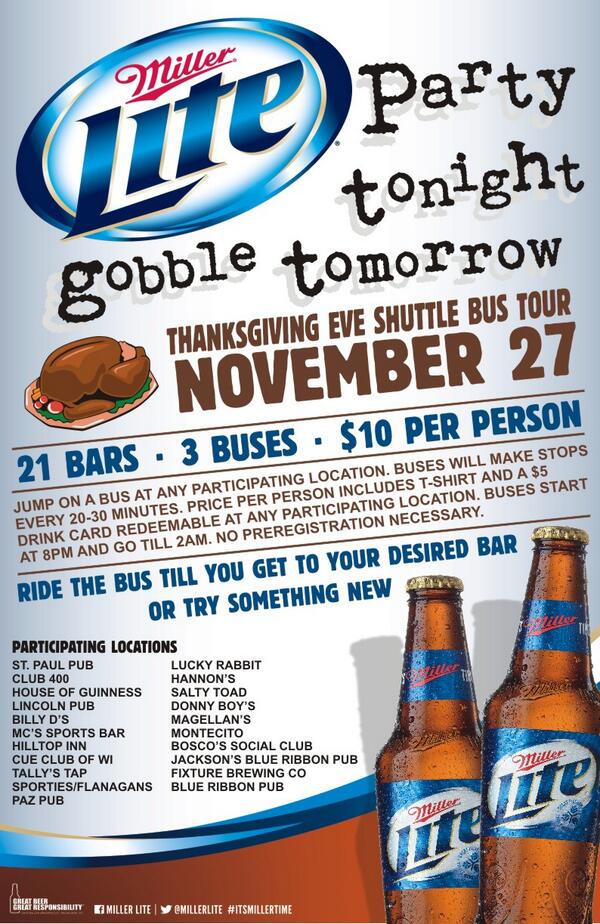 BarflyInk's tweet photo. Eve of Thanksgiving Bar Shuttle Bus $10! @TheSaltyToad @boscosbar @fixturebrewing @JaxsBRPWaukesha @TheLuckyRabbitW http://t.co/mDgLk0fQll