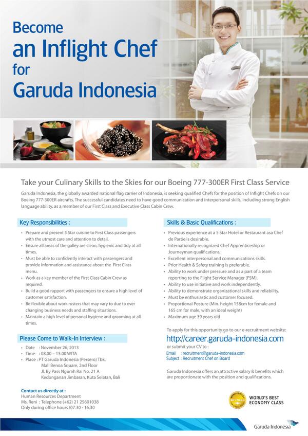 Job Vacancy PT. Garuda Indonesia (Chef on Board, Secretary 