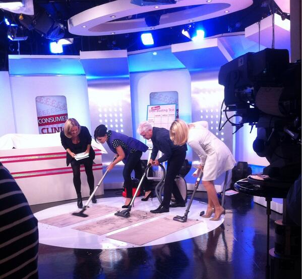 Dyson's tweet photo. Battle of the vacuum cleaners. @hollywills beats the competition with Dyson #DC49 @thismorningitv http://t.co/ApSnOCkyeB