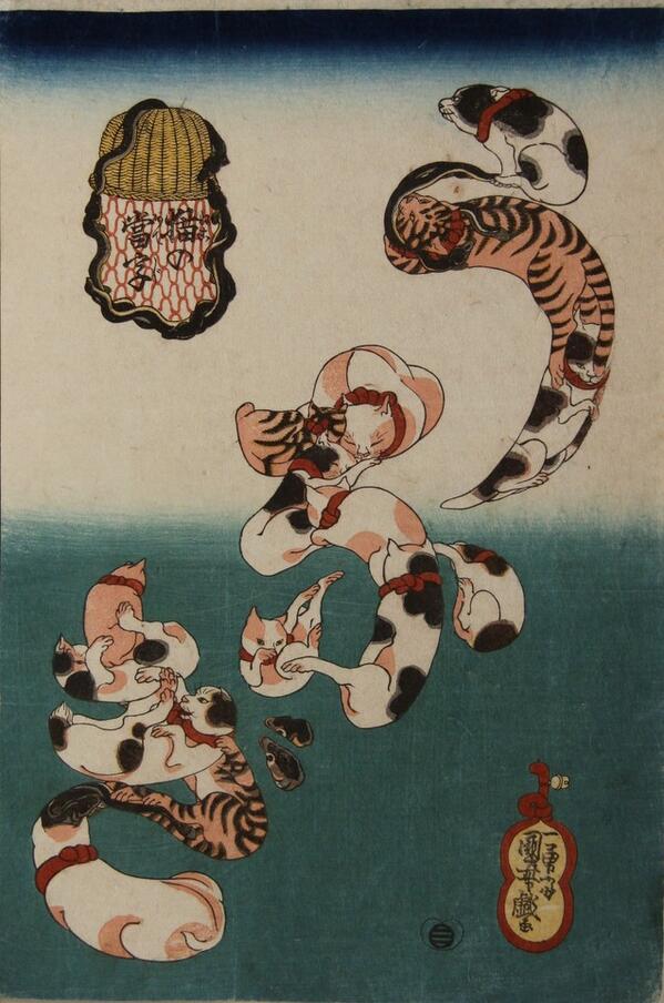 笑う浮世絵(後期)見どころ】国芳「猫の当字 うなぎ」。猫が集まって