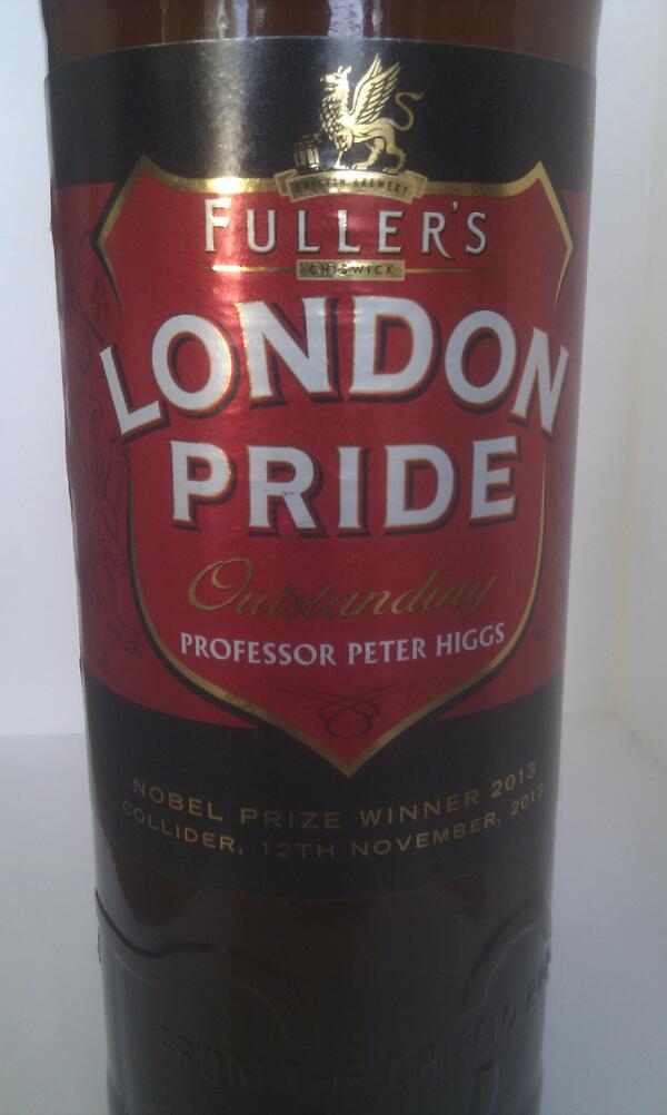benstill's tweet photo. Forget @daraobriain &amp; @Prof_S_Hawking highlight of last night has to be Peter Higgs branded @London_Pride #smCollider http://t.co/iuh9W4Mdll