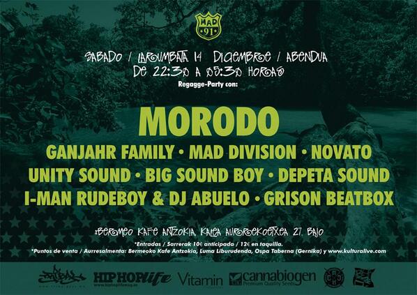 MAD91Familia's tweet photo. 14DIC.BERMEO Reggae Party: @Morodostyle @ganjahrfamily @mad_division @NOVATOOFFICIAL @grisonbeatbox @Unity__Sound +++ http://t.co/5VG2nRSobC