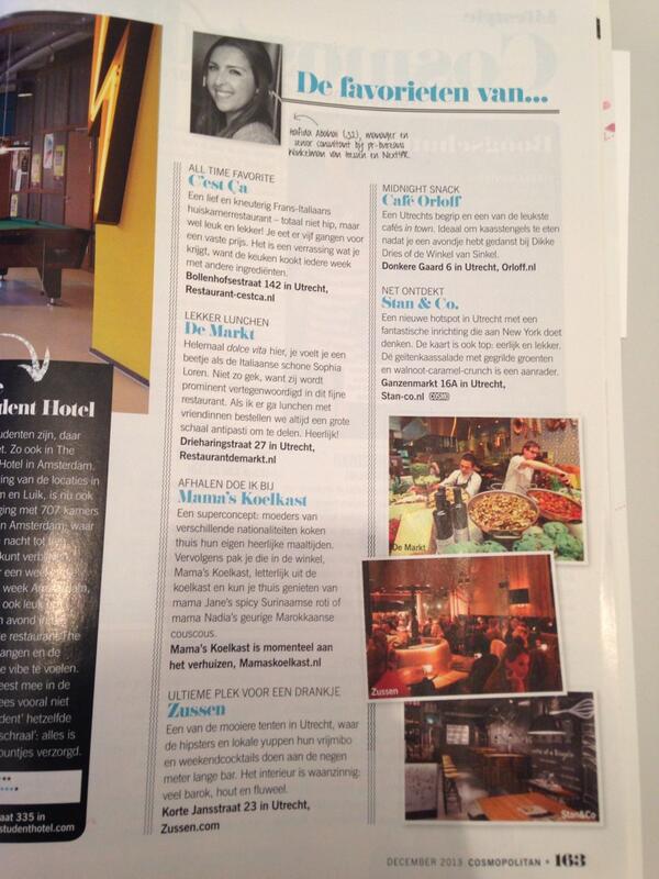Hi <a href="/DeMarktUtrecht/">Restaurant de Markt</a> <a href="/zussen/">Zussen</a> <a href="/MamasKoelkast/">Mama's Koelkast</a> @CestCaUtrecht &amp; <a href="/CafeOrloff/">Café Orloff</a>! Ik heb jullie getipt in de <a href="/CosmopolitanNL/">Cosmopolitan</a>