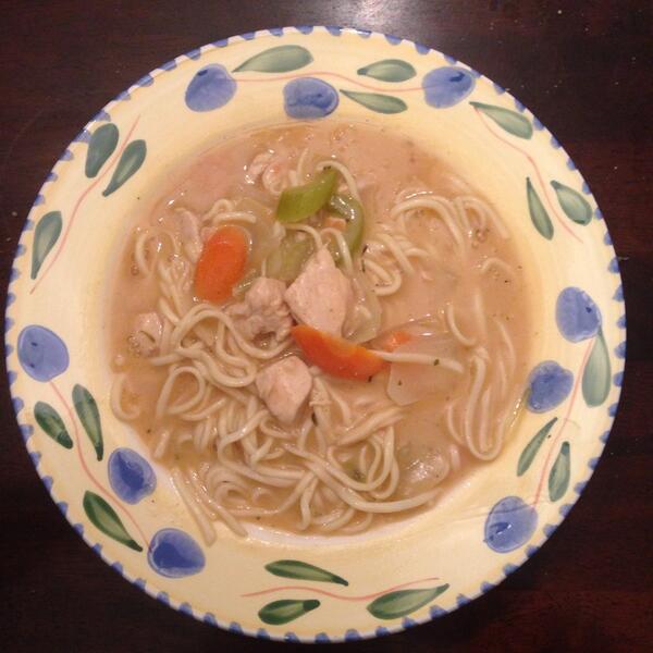 justinm76's tweet photo. @Emeril your recipe of chicken and dumplings, minus the dumplings, plus handmade noodles to get this creamy soup. http://t.co/rcGI44aUxO