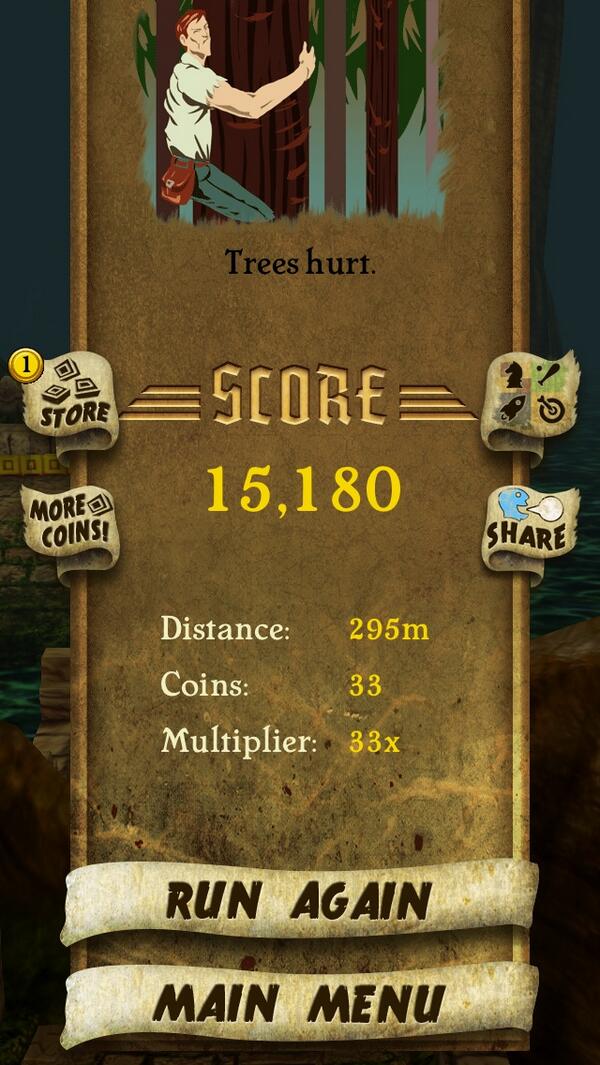 Sean_D_Clark's tweet photo. I got 15,180 points while escaping from demon monkeys. Beat that! http://t.co/DfmqlFT4f7 #TempleRun http://t.co/gwDz2U9xAl