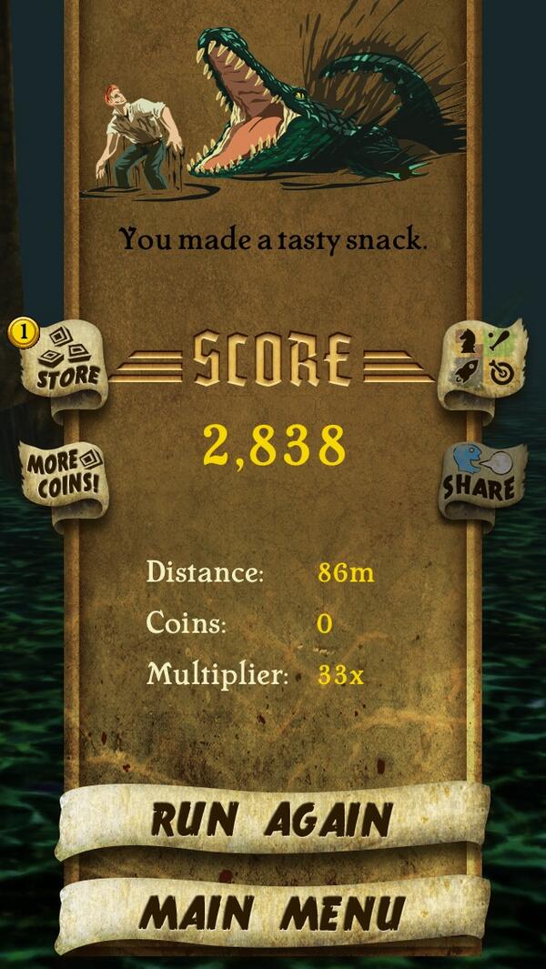 Sean_D_Clark's tweet photo. I got 2,838 points while escaping from demon monkeys. Beat that! http://t.co/DfmqlFT4f7 #TempleRun http://t.co/7jjGQoBwNF