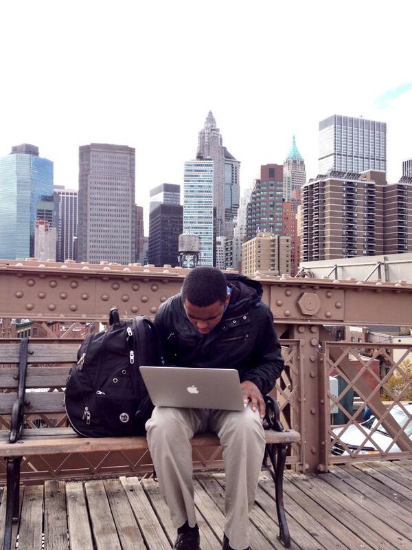 BreakoutNYC2013's tweet photo. Studying hard on the Brooklyn Bridge #Breakout13 http://t.co/la5flYyih7