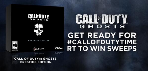 RT for a chance to win: #CODGhosts PRESTIGE EDITION (w/ tactical cam). Rules: bit.ly/1hzQtZi #CallofDutyTime