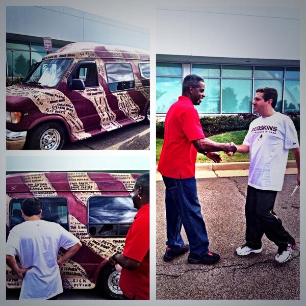 Commanders's tweet photo. Dan Snyder "buys" #Redskins van from fan. As Mr. Snyder handed over the check, he tells Charles, "The van is yours." http://t.co/NPscDGjiOb