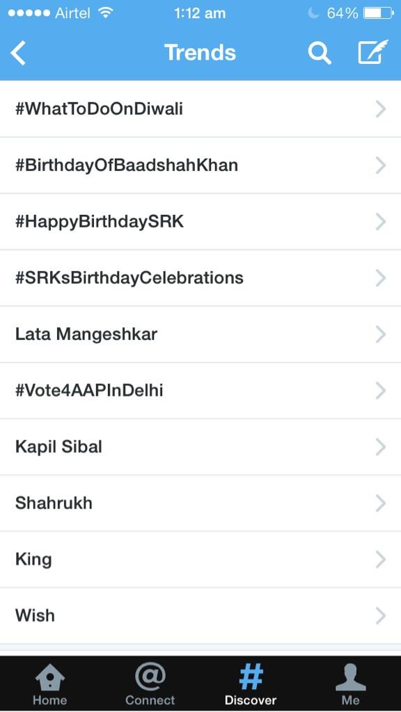 singh_nikita's tweet photo. 5/10 trends on SRK already! #BirthdayOfBaadshahKhan #HappyBirthdaySRK King Shahrukh #SRKsBirthdayCelebrations 😄😄 http://t.co/DqPkW775IF