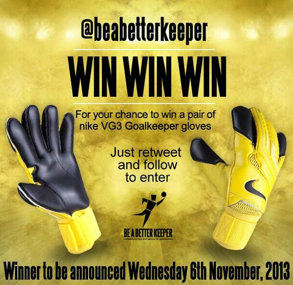 beabetterkeeper's tweet photo. 5-DAYS LEFT - RT &amp; FOLLOW for a chance to win a pair of nike VG3 gloves, winner to be announced 06/11/13 @ 11am http://t.co/wtbhxRGOyw