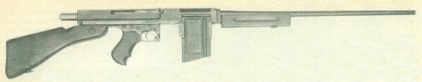 prototypeguns's tweet image. 1943年12月にアメリカ陸軍研究所で試作された.30-06口径仕様のトンプソンM1928A1。大型の筒状バッファースプリングを組み込んだオリジナルのブリッシュロック機構をもつ。