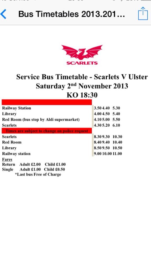 Scarlets Rugby on Twitter "Scarlets shuttle bus timetable scarlets