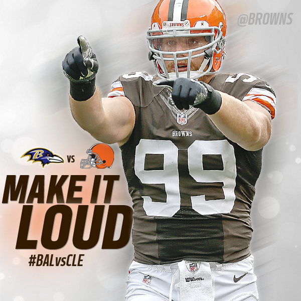 Browns's tweet photo. SACK-MASTER @pkruger99 needs YOU!! 

RT of you're ready to #MakeItLoud this Sunday for #BALvsCLE @FEStadium! http://t.co/5MU3rcEtPQ