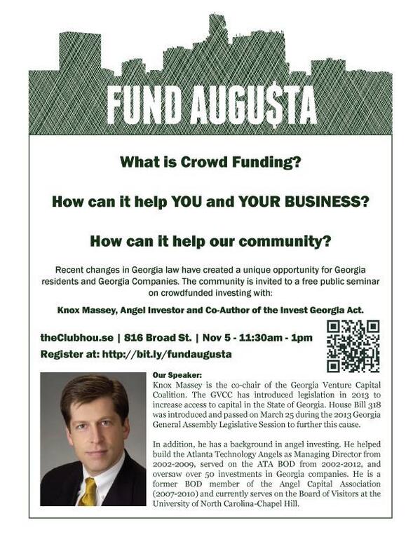 Join <a href="/TAGAugusta/">TAG Greater Augusta</a> Tuesday, November 5th for this discussion on crowdfunding. <a href="/_clubhouse/">theClubhou.se</a> <a href="/dekecopenhaver/">Deke Copenhaver</a>