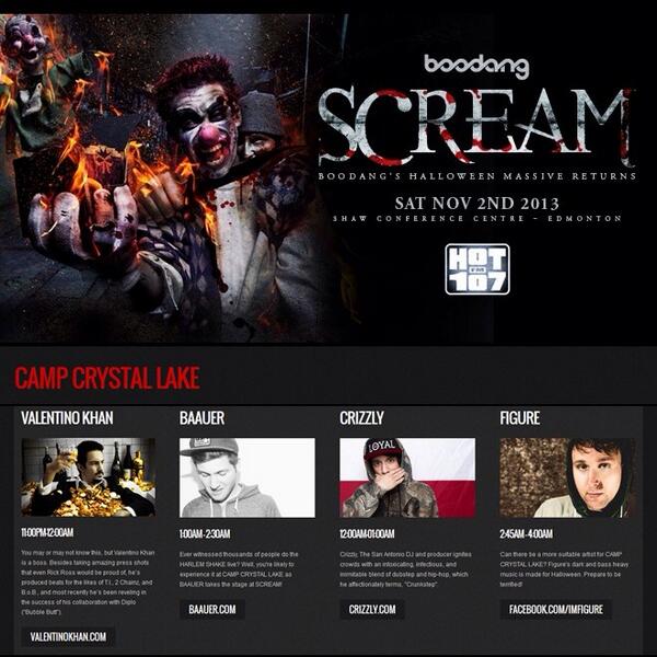 ValentinoKhan's tweet photo. Playin #SCREAM2013 tonite w @baauer @crizzly @ImFigure at @Boodang Camp Crystal Lake Stage!
Lets go #Edmonton! #fb http://t.co/GFyA4J3uyJ