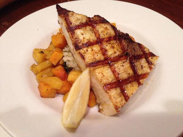 Special tonight: grilled swordfish with butternut squash on quinoa salad.