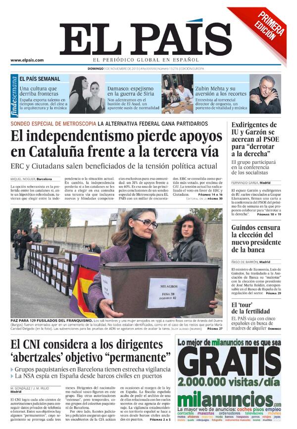SocialcumbreS's tweet photo. Portada El País El independentismo pierde apoyos en Cataluña frente a la tercera vía http://t.co/0biH0fRY9l