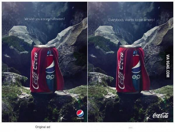 JOR_ID's tweet image. Links de originele advertentie van Pepsi tijdens Halloween, rechts de geniale reactie van Coca Cola: