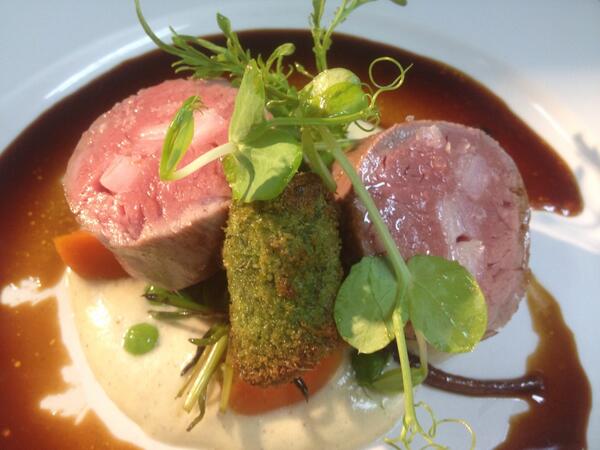 Veal fillet larded w smoked wagyu brisket, potato mousse, <a href="/flowerdalefarm/">Flowerdale Farm</a> , tendrils at the Brisbane club