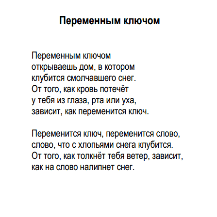 От того, как толкнёт тебя ветер, зависит,  
как на слово налипнет снег. 
(с)Пауль Целан, перевод Анны Глазовой