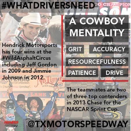 TeamHendrick's tweet photo. #WhatDriversNeed at Texas? A cowboy mentality. #NASCAR http://t.co/lZsCMww5on