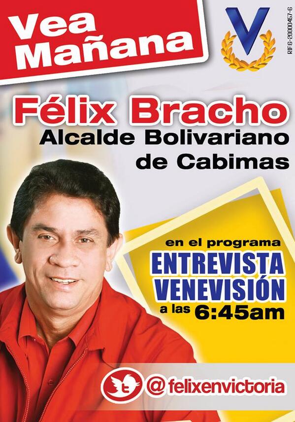 felixenvictoria's tweet photo. Mañana estaremos en @noticierovv #Venevision a las 6:45am hablando sobre la nueva propuesta de gobierno para Cabimas http://t.co/ESq1wSWy1V