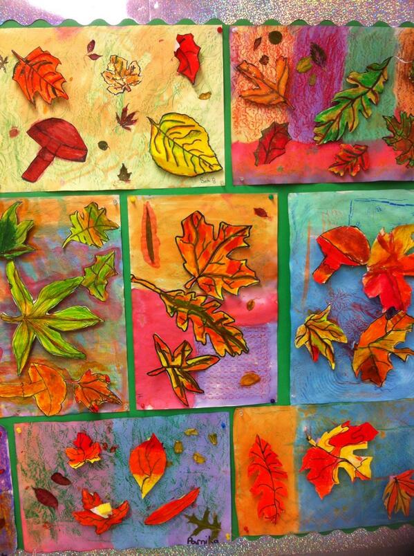 Experimenting with colour and texture using pastels and watercolours and wax coated leaves.