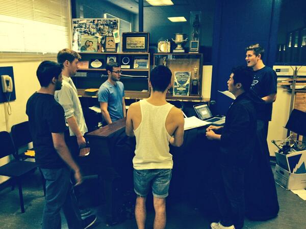 Octo_Suits's tweet photo. The Octet rehearsing our BUTTS off for the West Coast A Cappella Showcase on November 15th &amp; 16th! #getyourtickets http://t.co/waNBqQL0jl