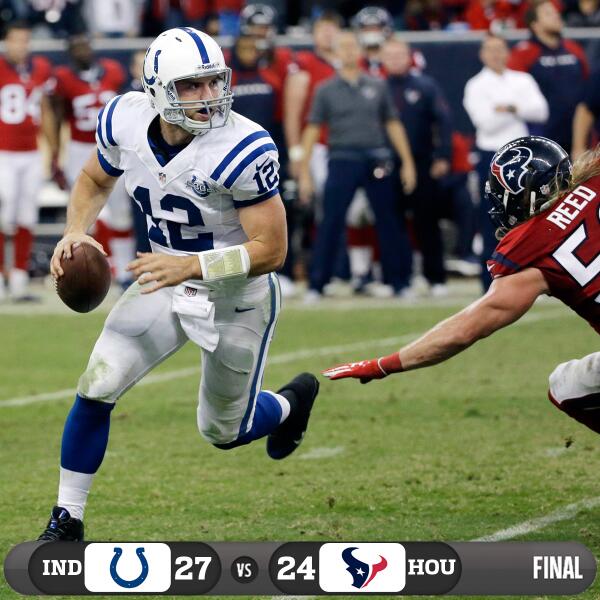 NFL's tweet photo. FINAL

@Colts 27
@HoustonTexans 24 #INDvsHOU http://t.co/BbweIqMQXR