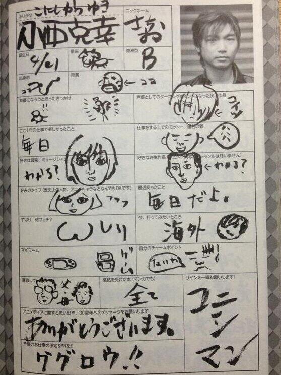 まりばる No Twitter 小西克幸さんの直筆プロフィールがアラビア語だと話題になっていますが 小西さんの更に進化した最近の直筆プロフィールを振り返ってみましょう Http T Co Adxduye2ii