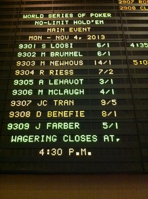 AllenKessler's tweet photo. Current odds for the @WSOP November Nine at the Rio sports book.  http://t.co/desG4PffDG