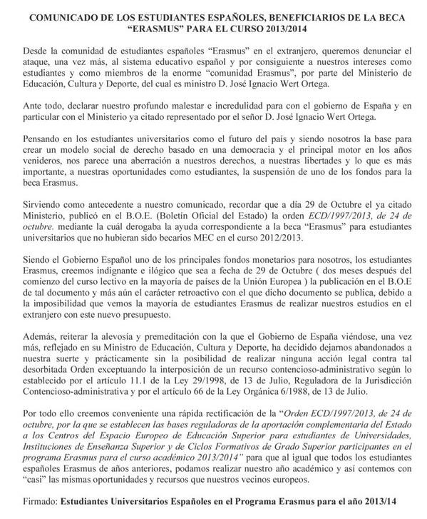salvemoserasmus's tweet photo. COMUNICADO DE PRENSA DE LOS ESTUDIANTES ERASMUS #ErasmusRIP http://t.co/zGn0ylv0di