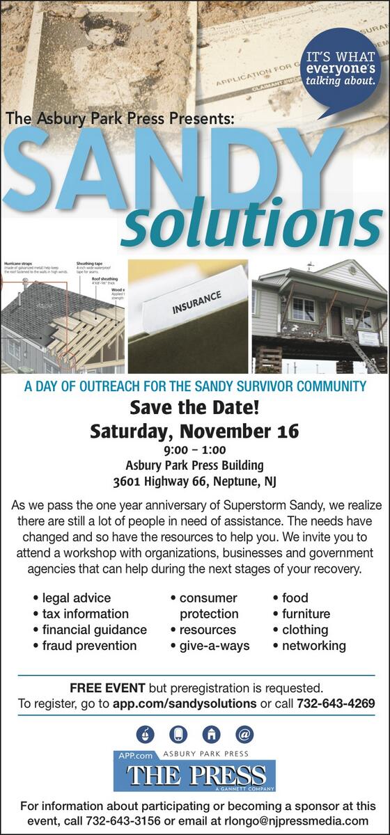 AsburyParkPress's tweet photo. Superstorm Sandy hit a year ago but many still need help. Do you? Come to our outreach event Nov. 16. #SandySolutions http://t.co/DTX7gQQoc5