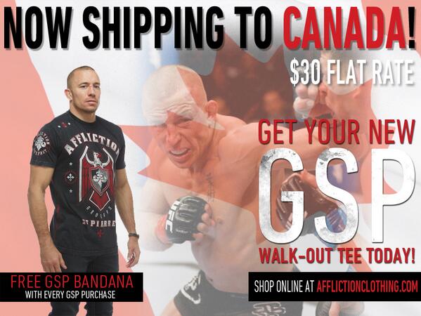 Affliction's tweet photo. Now shipping to Canada! Get your #GSP Official Walk Out Tee before #UFC167! http://t.co/5ns8Nva9P7 #AfflictionMMA http://t.co/vPapmGoFV7