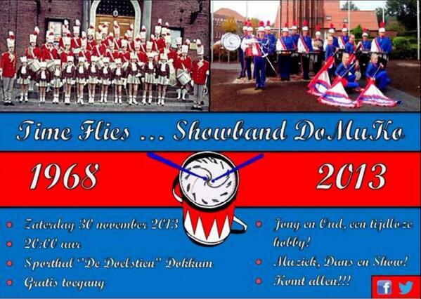 45 jaar DoMuKo! Kom dit met ons vieren op za 30 november as in Sporthal "De Doelstien", 19:30 uur, gratis toegang!