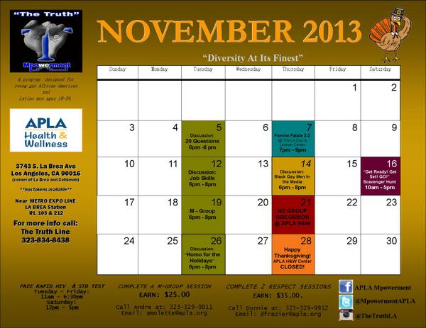 MpowermentAPLA's tweet photo. Here's our calendar of events! Check them out and join us here at APLA H&amp;W. Also, sign up for the Scavenger Hunt ASAP http://t.co/726FIMHOiW