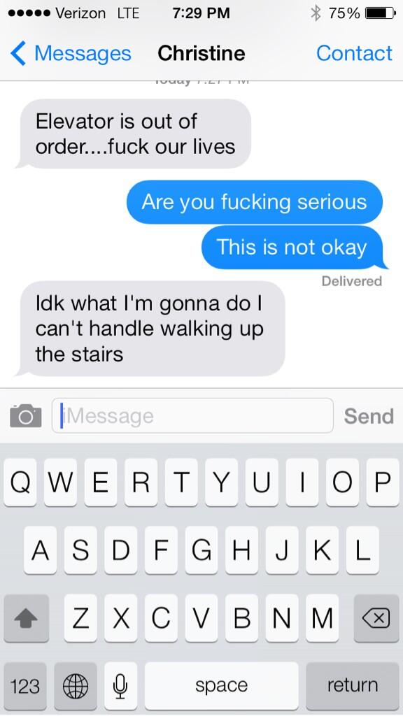 mollysticky's tweet photo. McAlister probs @sequinn910 #6thfloor #brokenelevator #hellostairs http://t.co/KmS0ibzbKO